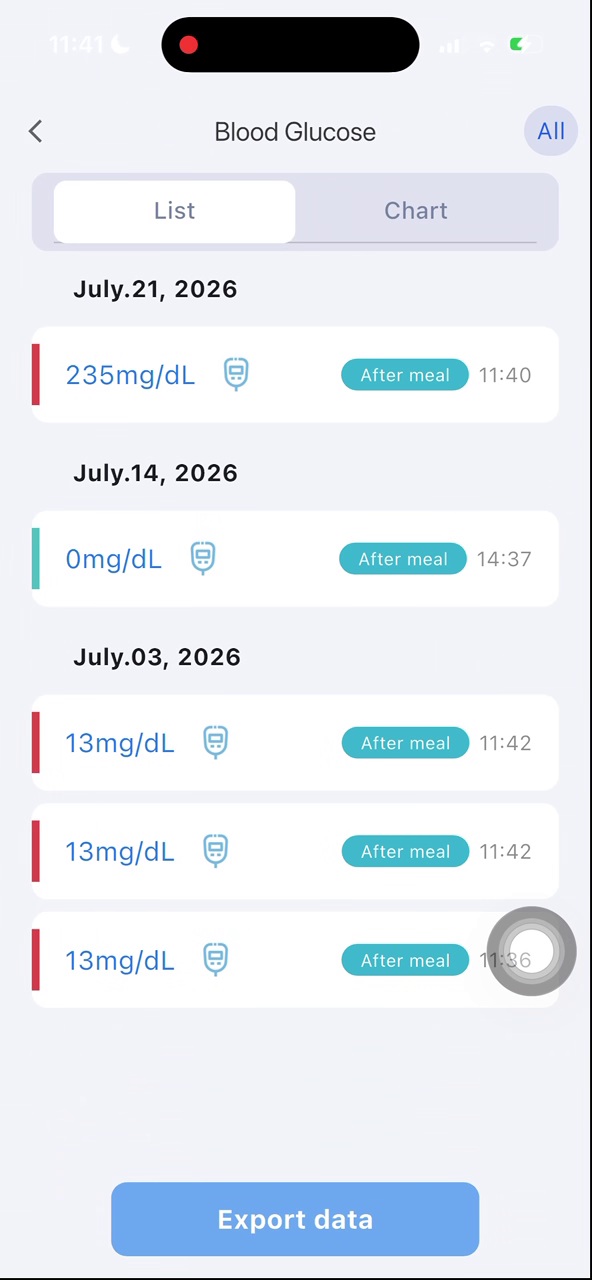 APP 本地健康记录列表和 Export data 按钮